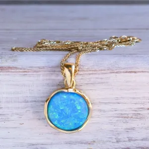 14K Yellow Gold Round Blue Opal 12mm Pendant