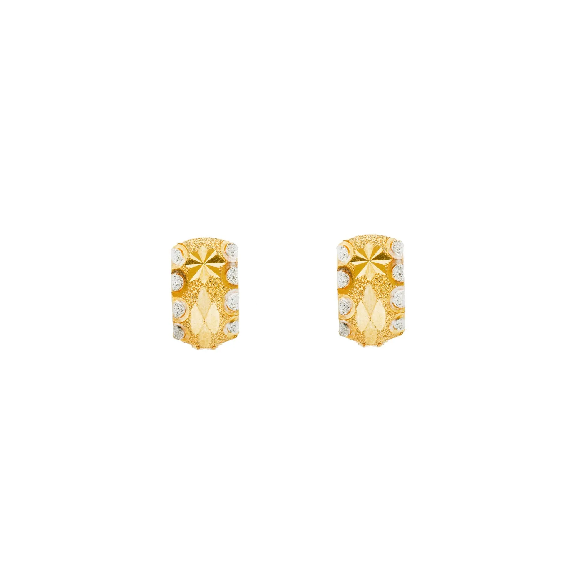 22K Multi Tone Gold Huggies Earrings W/ Floral Etched Designs