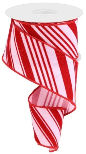 2.5" Glitter Velvet Diag Stripe Ribbon: Lt Pink/Red