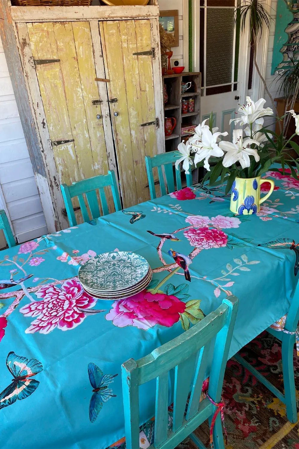 ANNA CHANDLER CANVAS TABLECLOTH TURQUOISE BIRD