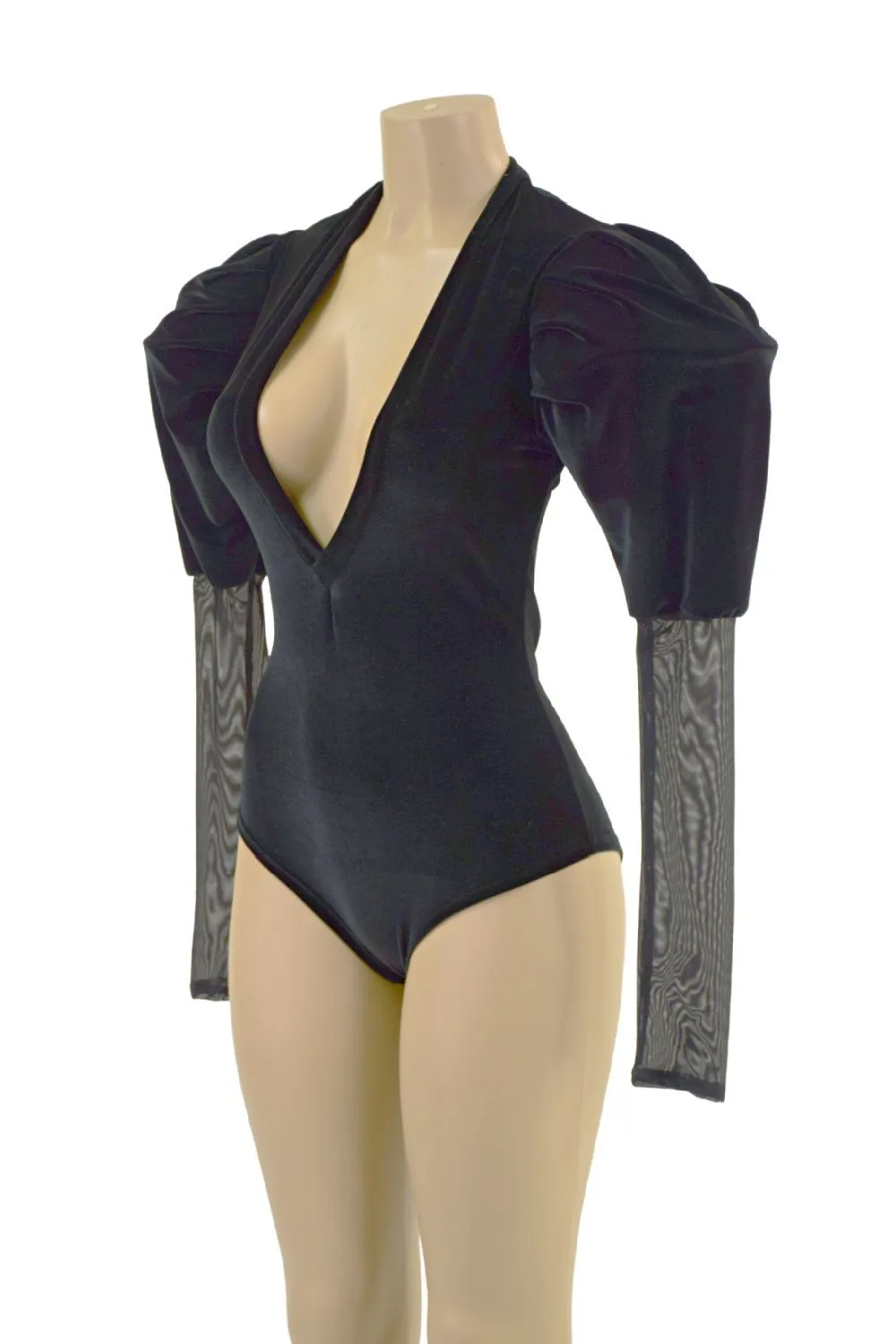 Black Velvet Siren Romper with Plunging V neckline & Victoria Sleeves