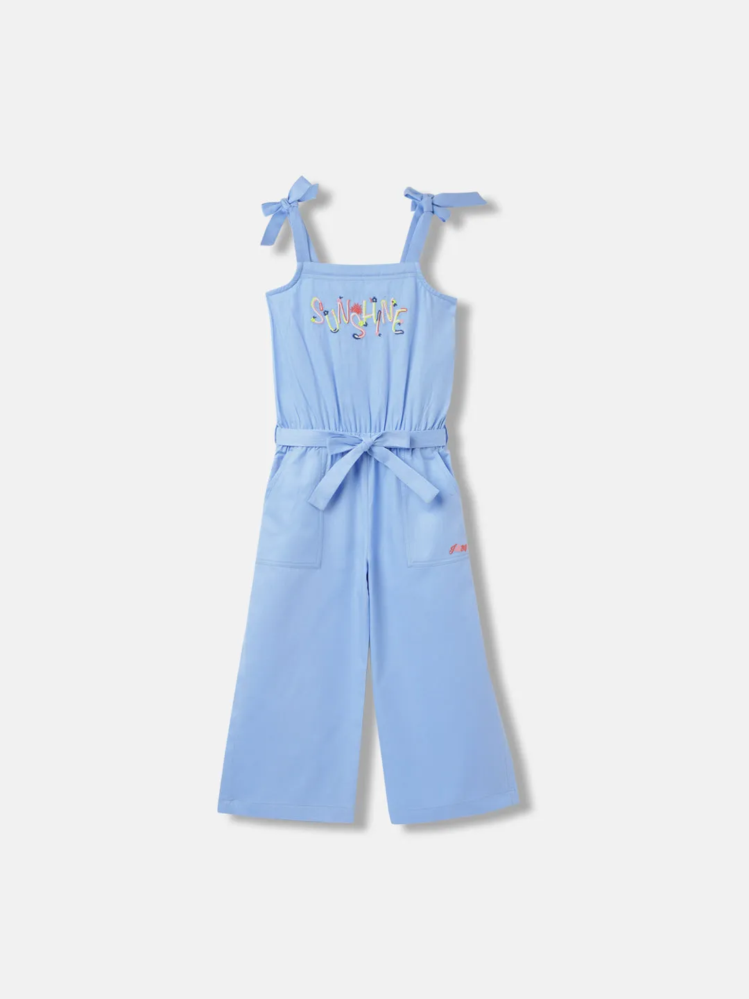 Blue Giraffe Girls Blue Solid Square Neck Sleeveless Jumpsuit