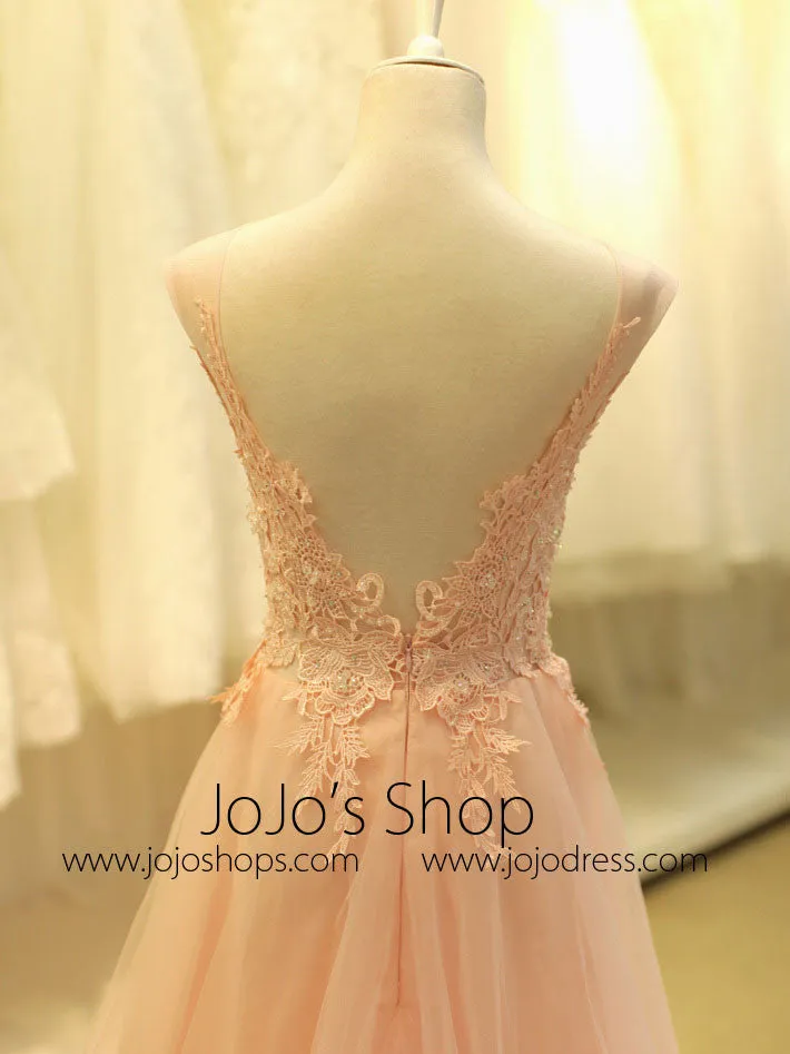 Blush Pink Lace Formal Prom Evening Dress with Open Back