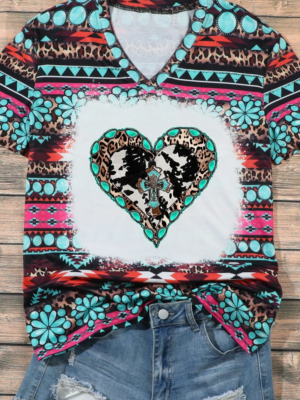 Bold Aztec Heart Graphic Tee with Turquoise Accents