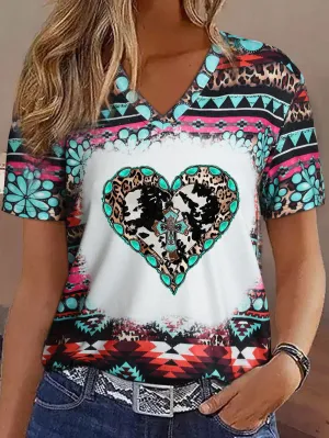 Bold Aztec Heart Graphic Tee with Turquoise Accents