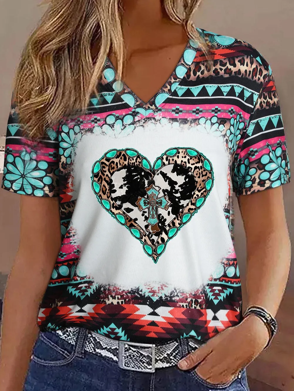 Bold Aztec Heart Graphic Tee with Turquoise Accents