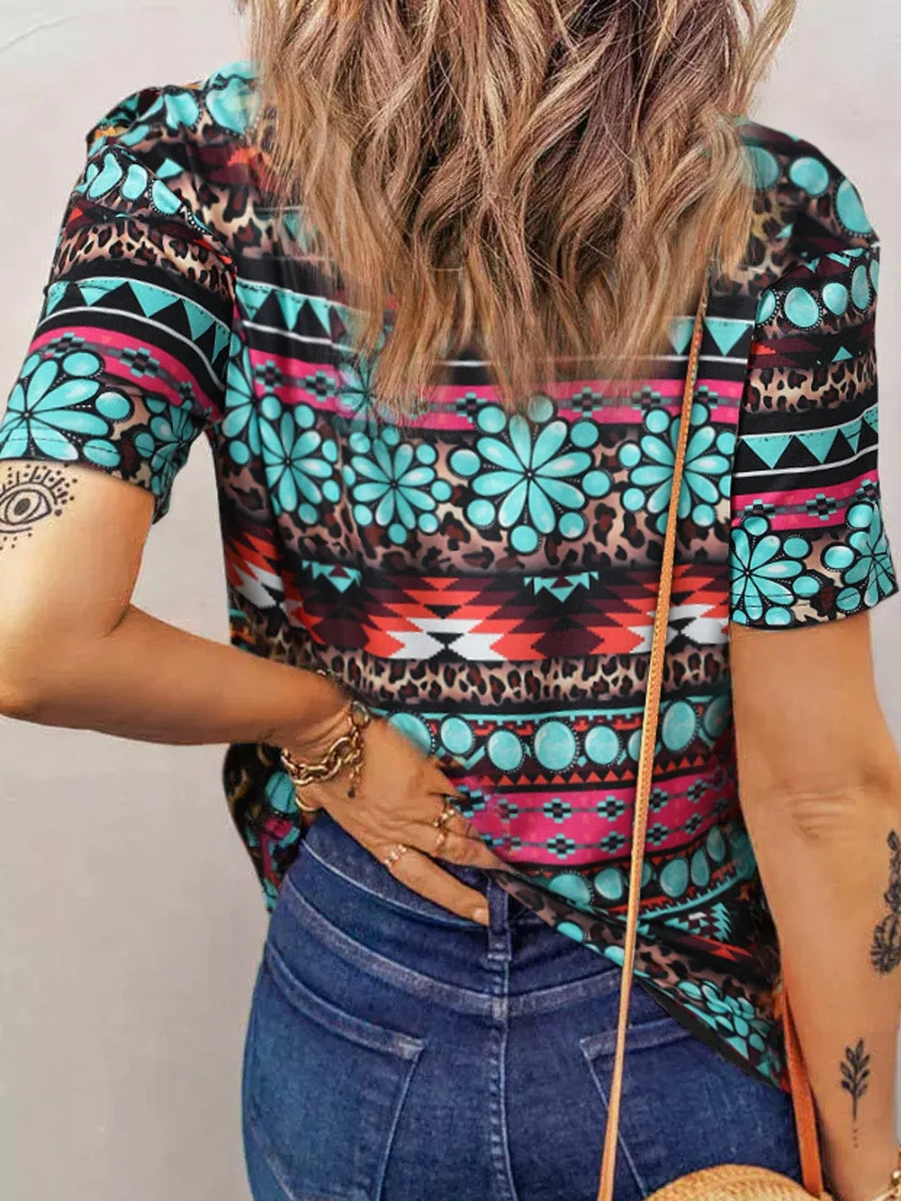 Bold Aztec Heart Graphic Tee with Turquoise Accents