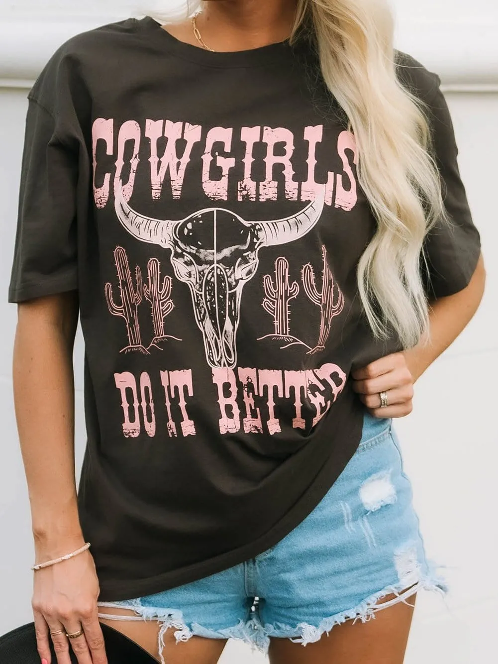 Bold Western Style Gray Graphic Cowgirls Oversized T-Shirt