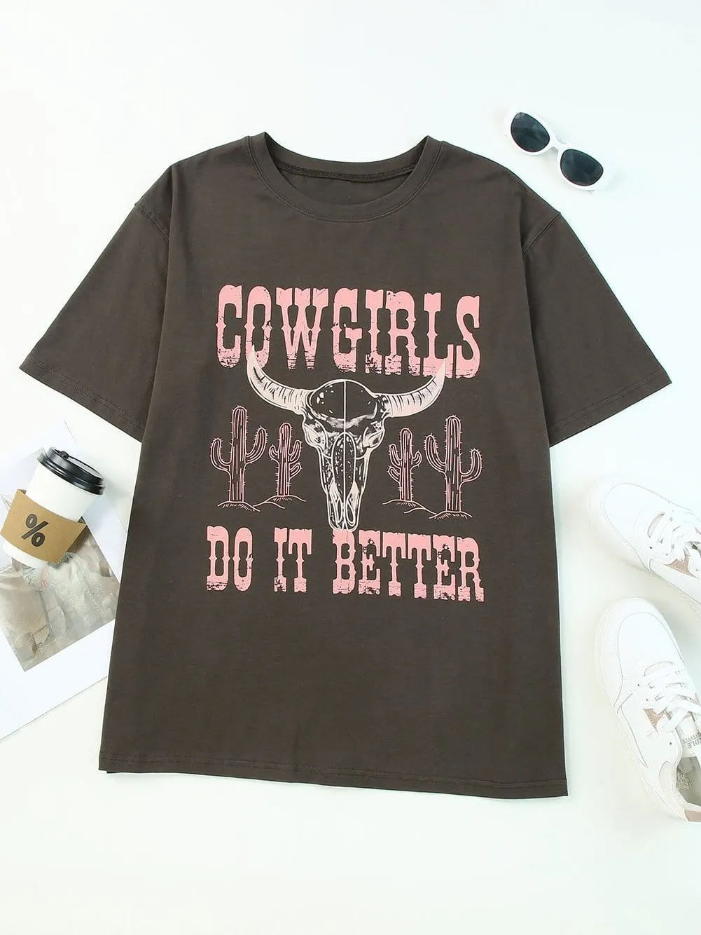 Bold Western Style Gray Graphic Cowgirls Oversized T-Shirt