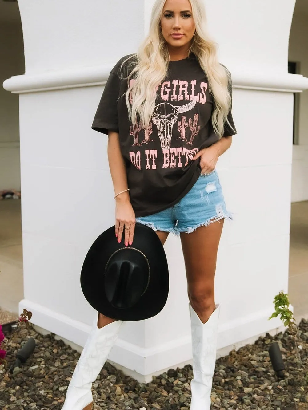 Bold Western Style Gray Graphic Cowgirls Oversized T-Shirt