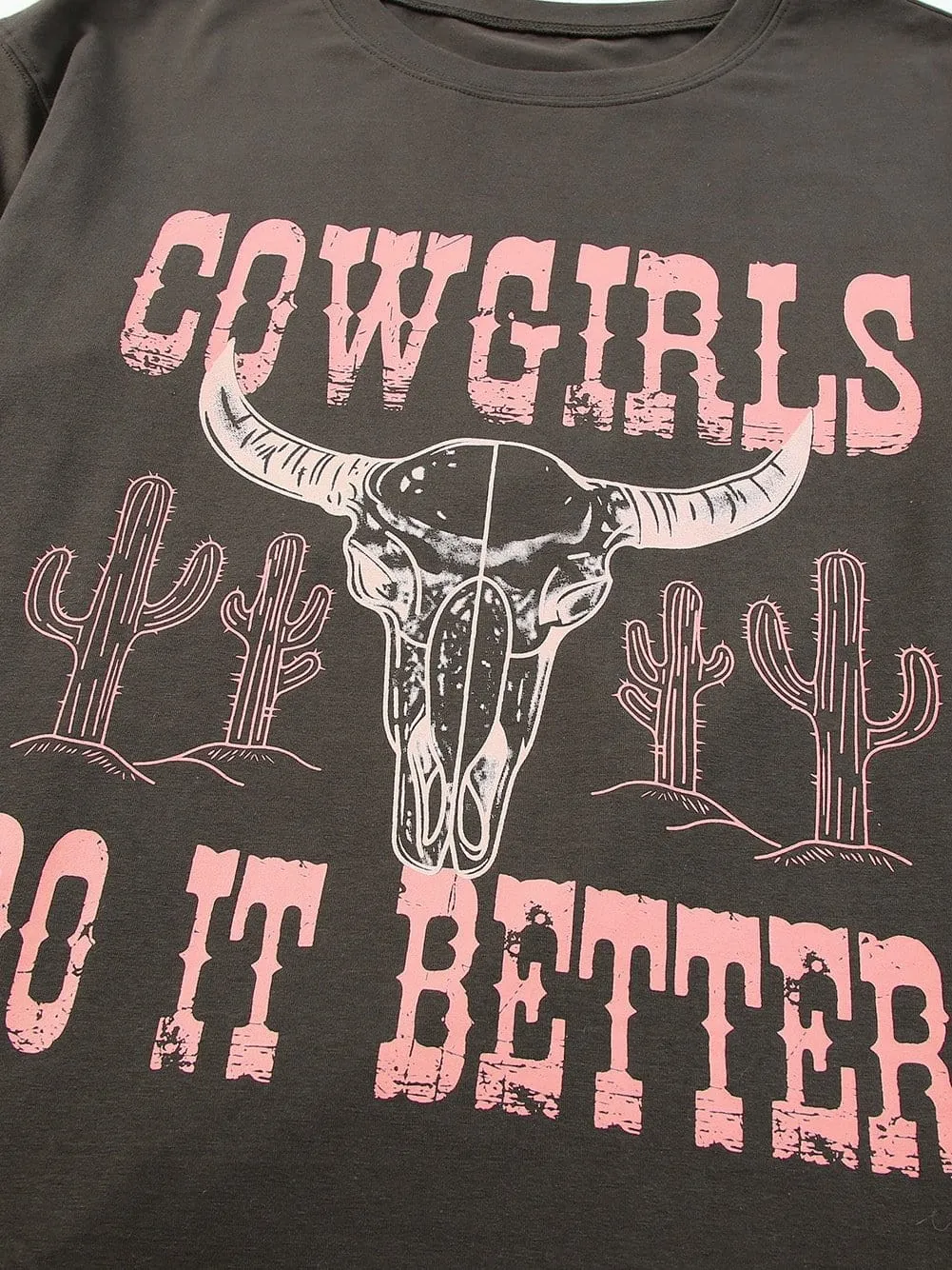 Bold Western Style Gray Graphic Cowgirls Oversized T-Shirt