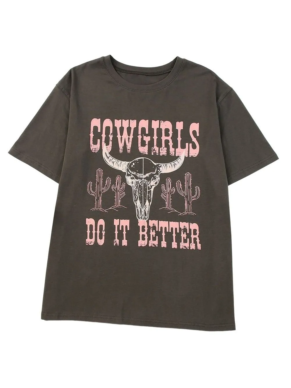 Bold Western Style Gray Graphic Cowgirls Oversized T-Shirt