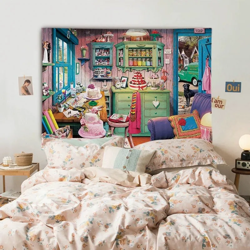 Cartoon-Style Cotton Bedside Tapestry for Dormitory Decor