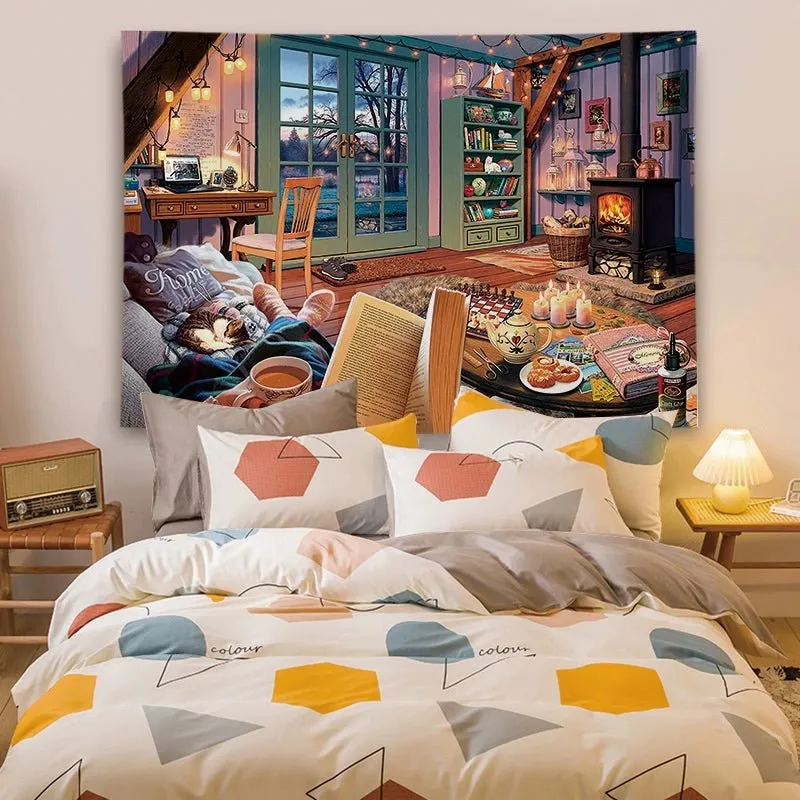 Cartoon-Style Cotton Bedside Tapestry for Dormitory Decor