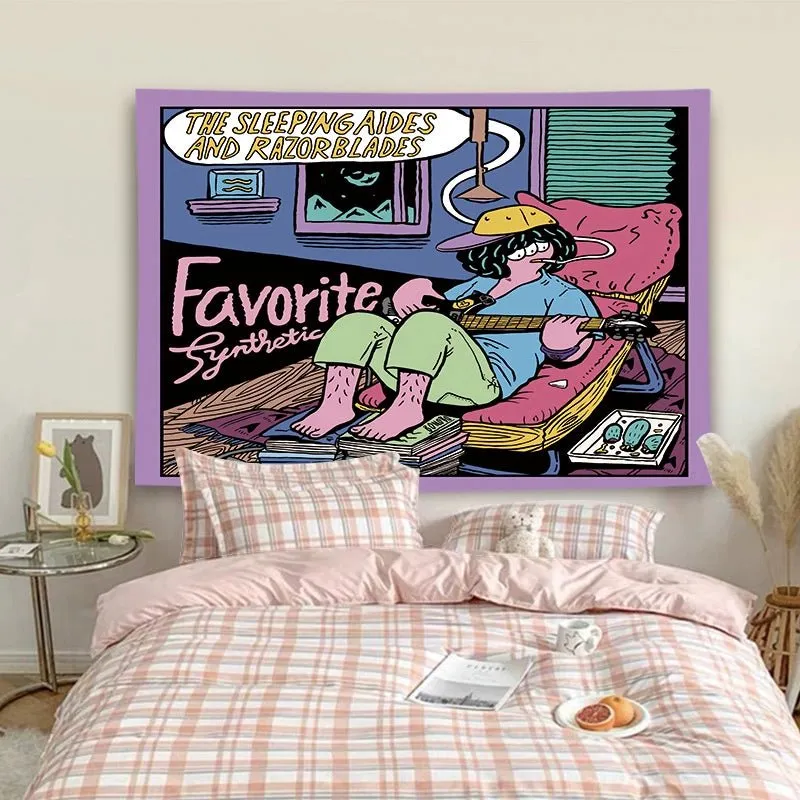 Cartoon-Style Cotton Bedside Tapestry for Dormitory Decor