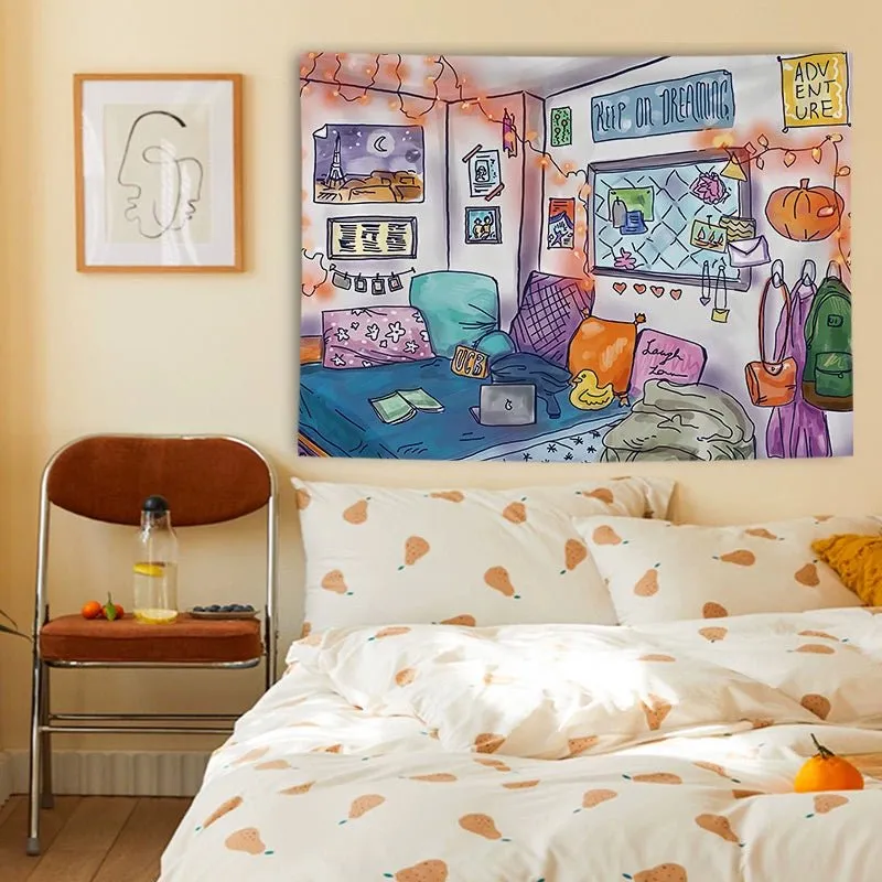 Cartoon-Style Cotton Bedside Tapestry for Dormitory Decor