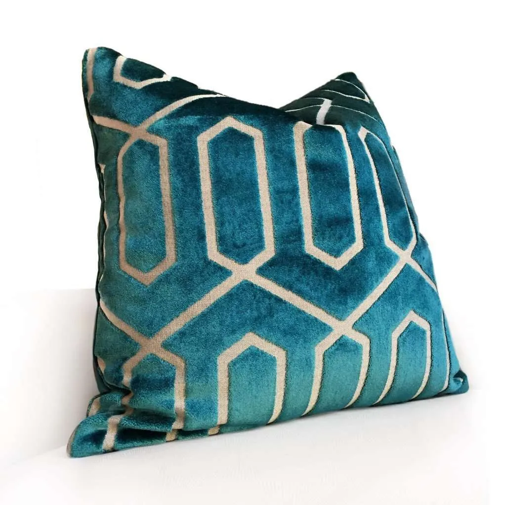 (CLEARANCE) Robert Allen Bengal Lattice Peacock Teal Green Geometric Italian Cut Velvet Pillow Cover