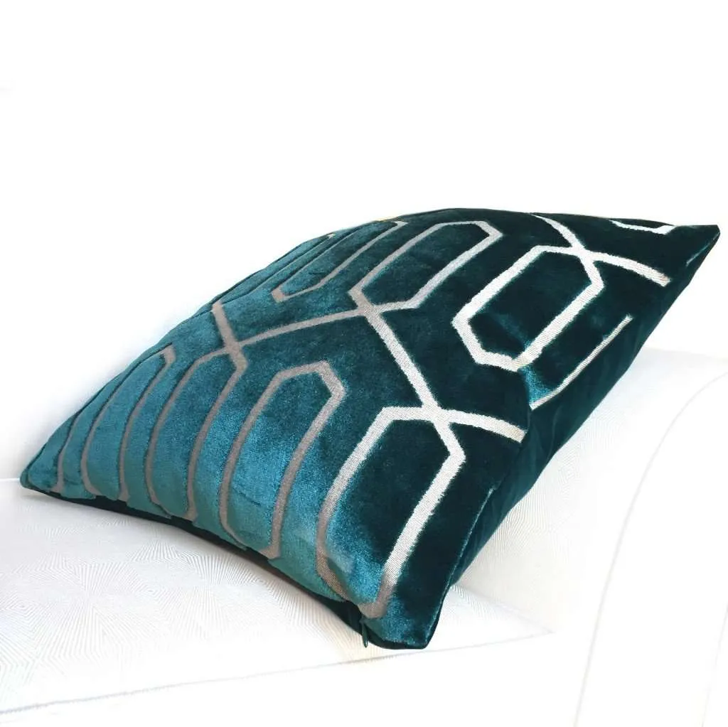 (CLEARANCE) Robert Allen Bengal Lattice Peacock Teal Green Geometric Italian Cut Velvet Pillow Cover