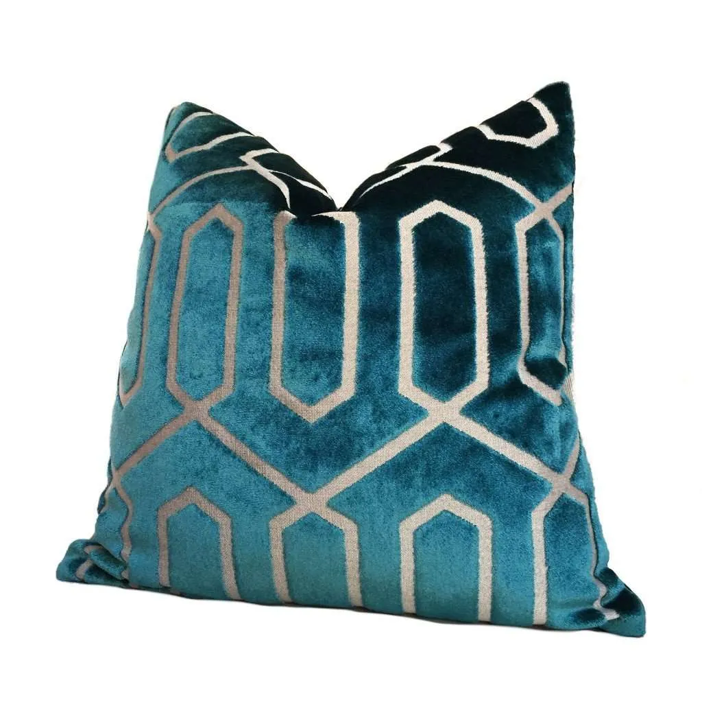 (CLEARANCE) Robert Allen Bengal Lattice Peacock Teal Green Geometric Italian Cut Velvet Pillow Cover