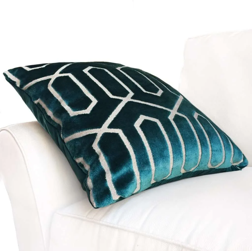 (CLEARANCE) Robert Allen Bengal Lattice Peacock Teal Green Geometric Italian Cut Velvet Pillow Cover