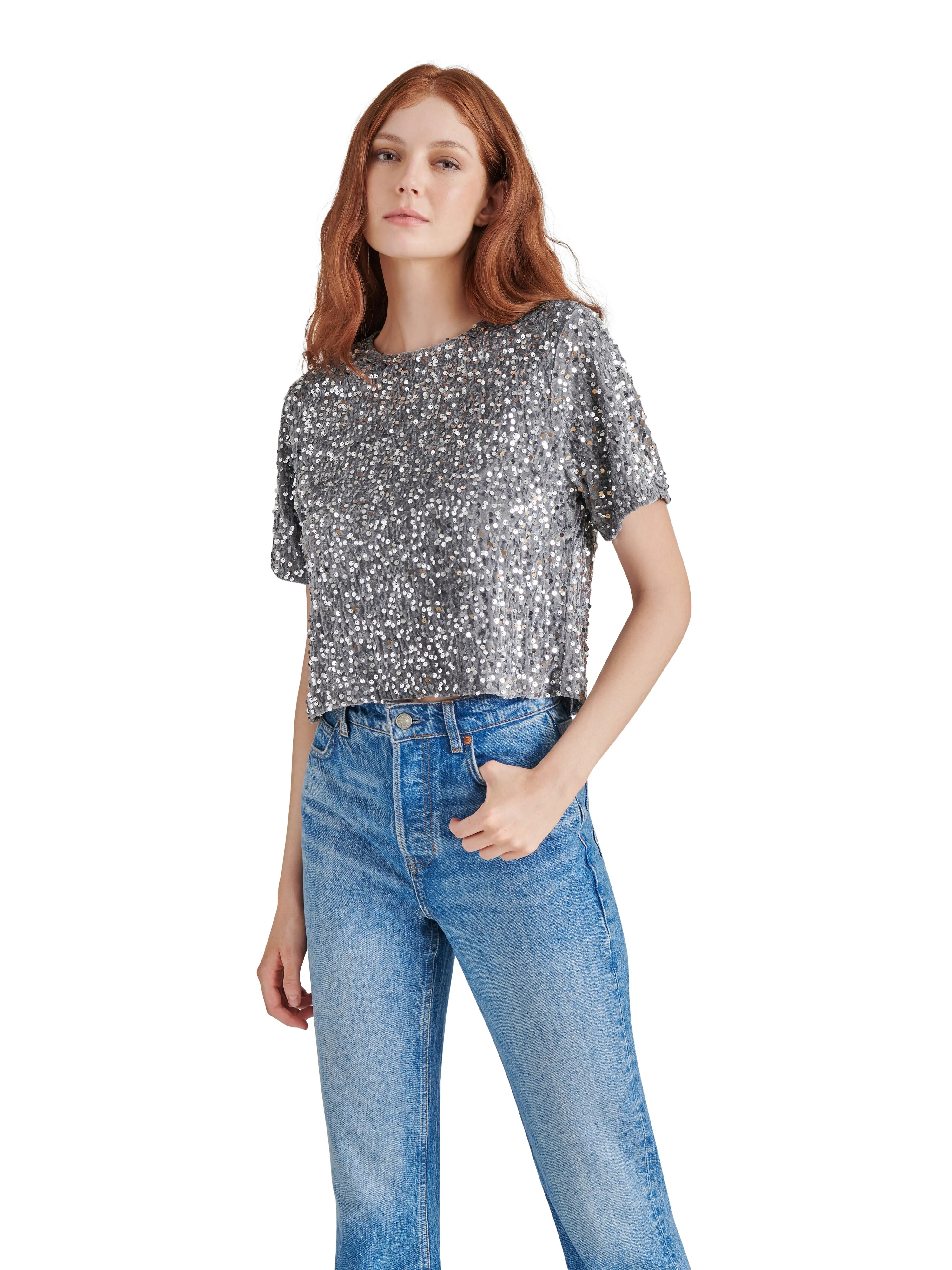 Cressa Sequin Velvet Top, Grey | Steve Madden