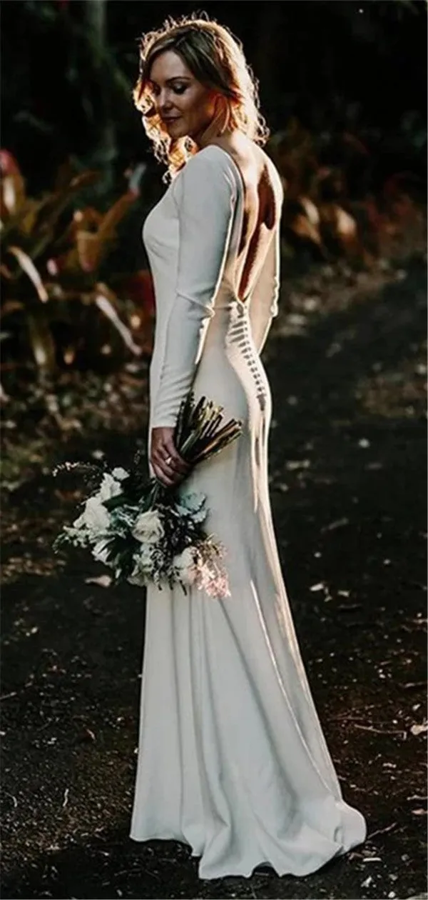 Elegant Long Sleeves Backless Simple Cheap Wedding Dresses, WD0456