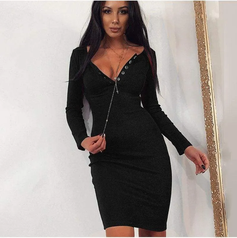 FashionSierra - Women Autumn Winter Casual Plain Bodycon Mini Dress Elegant Long Sleeve V Neck Slim Bandage Stretch Ladies Dresses Streetwear