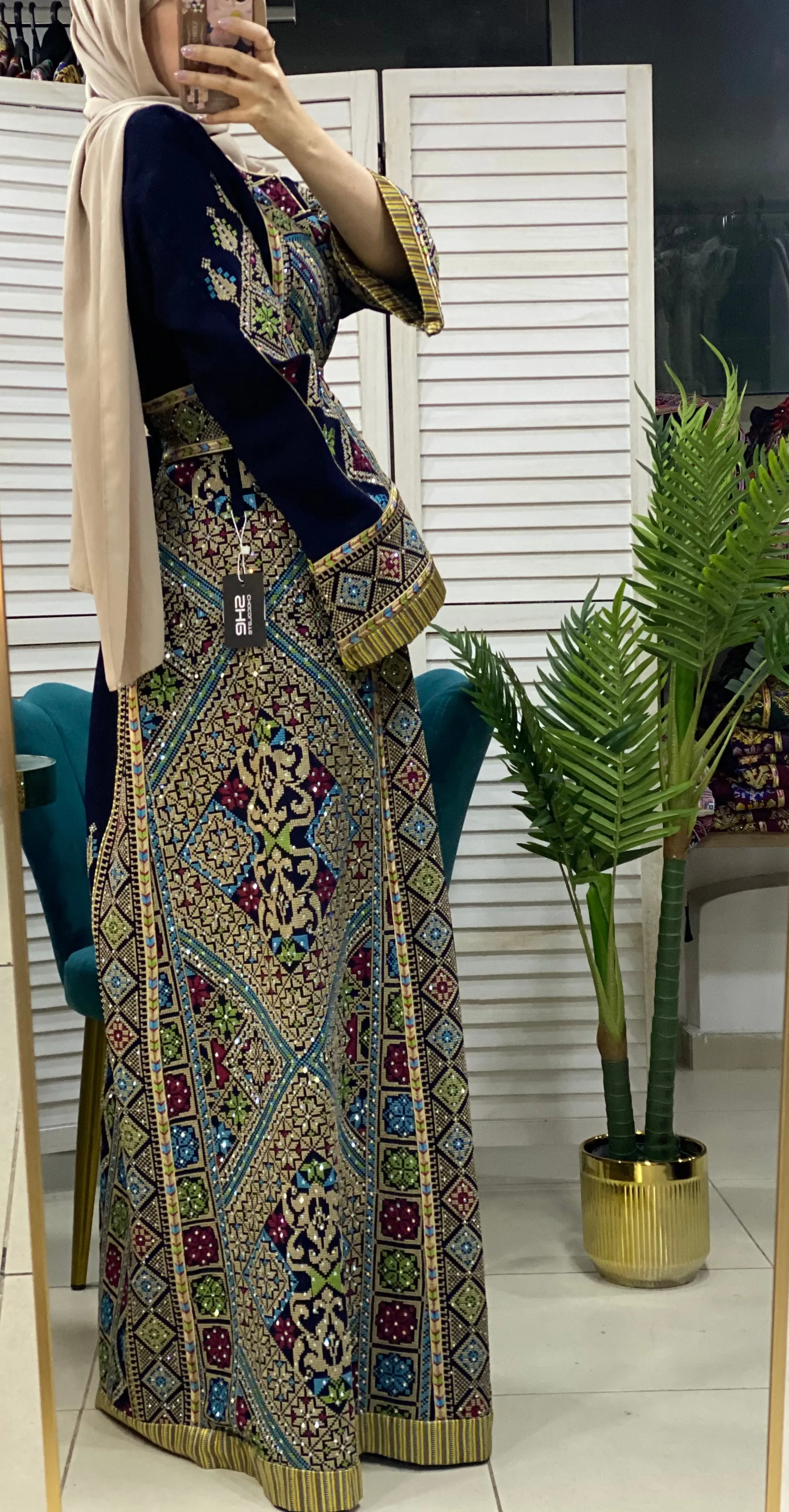 Full of Details Navy Palestinian Embroidered Thobe Dress with Kashmir Details