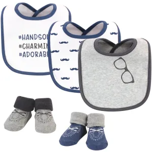 Hudson Baby Cotton Bib and Sock Set, Handsome Charming Adorable