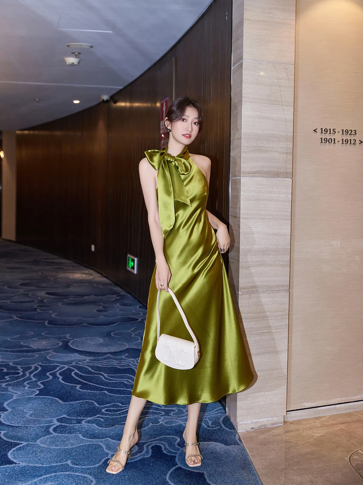 IKEARLAX  Gaoding Triacetate Satin Ribbon Halter Dress 23 New Socialite  Elegant Slim Acetate Dress