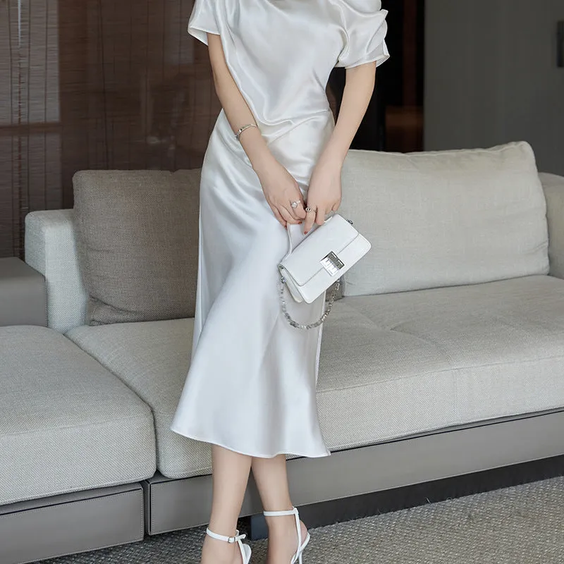 IKEARLAX  Gaoding Triacetate Satin Ribbon Halter Dress 23 New Socialite  Elegant Slim Acetate Dress