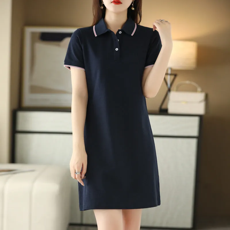 IKEARLAX Polo Collar Mid-Length Dress Women's Summer New Casual All-Matching A- line Skirt Simple Elegant Thin Lapels Skirt