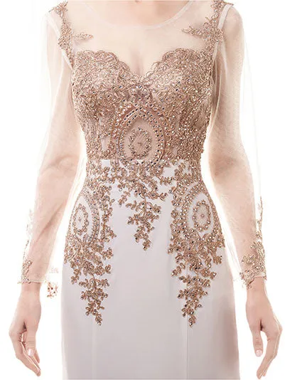 Long Sleeves Gold Lace Formal Evening Dress