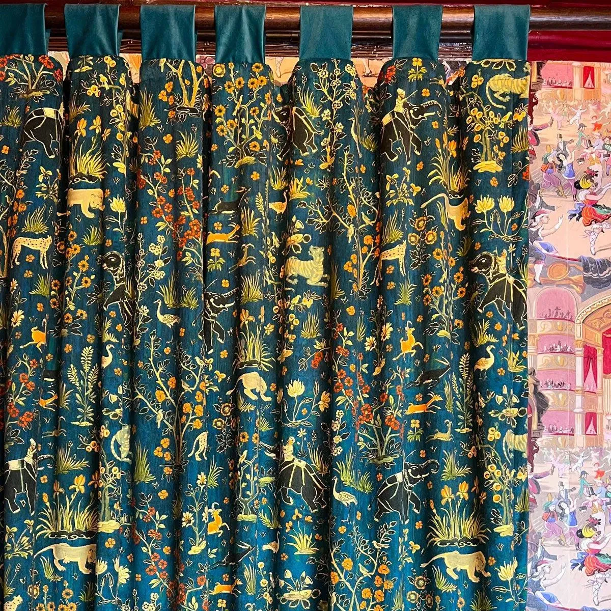 Maharaja Teal Printed Velvet Panel Curtain