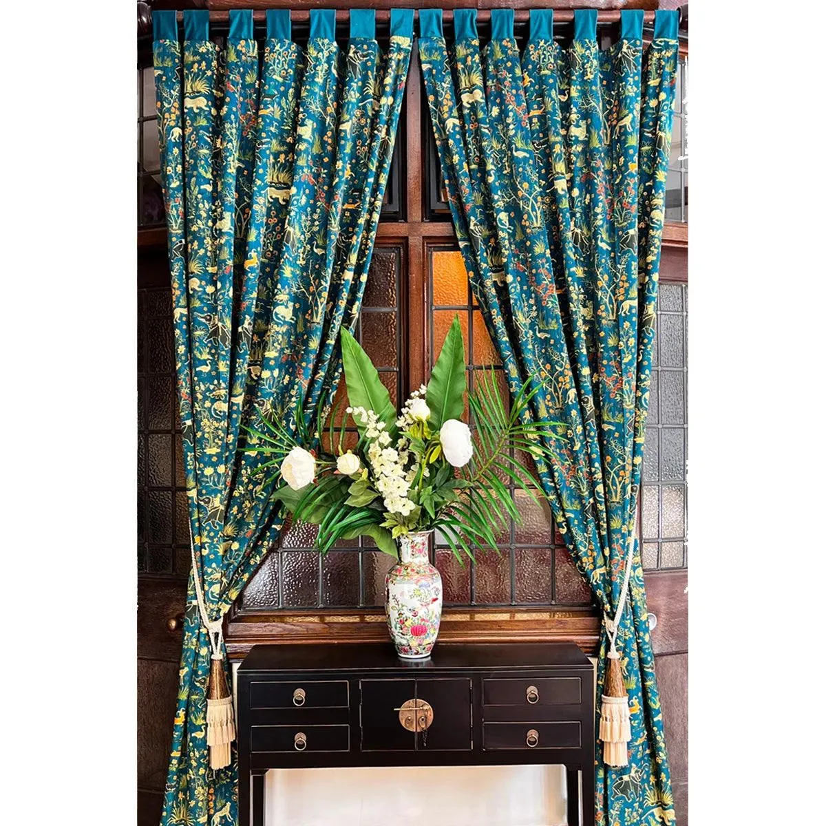 Maharaja Teal Printed Velvet Panel Curtain