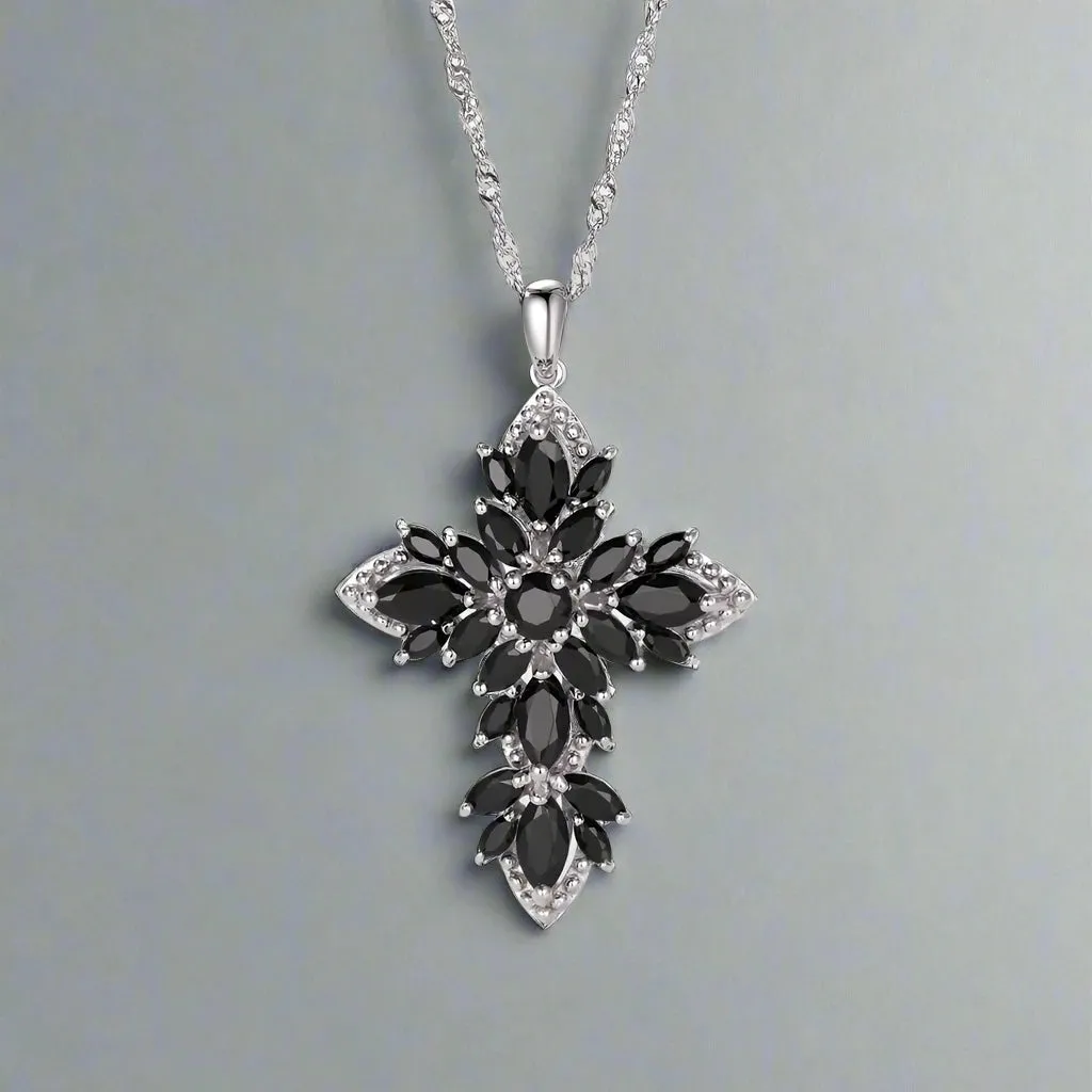 Marquise-cut Natural Black Spinel Spiky Cross Necklace