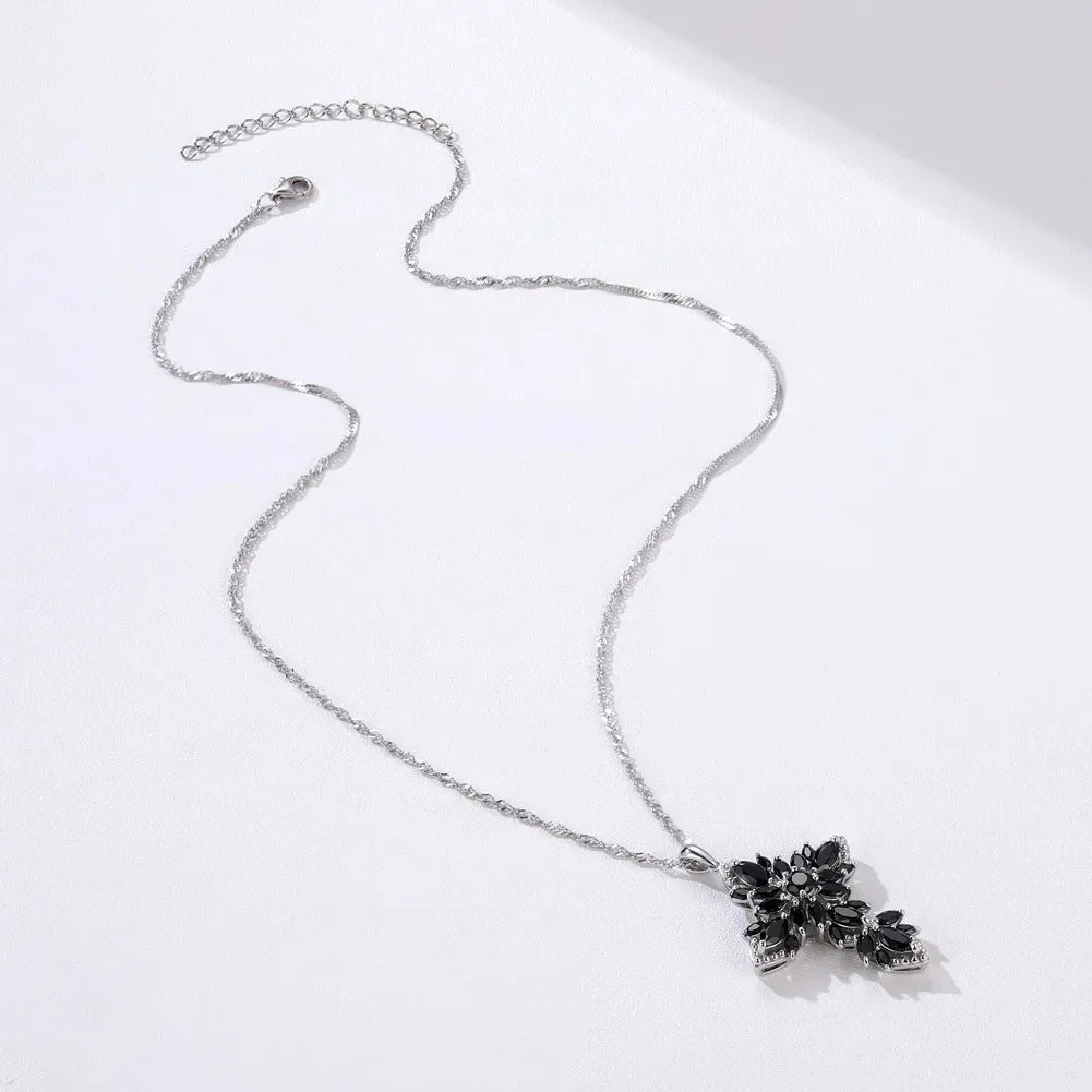 Marquise-cut Natural Black Spinel Spiky Cross Necklace