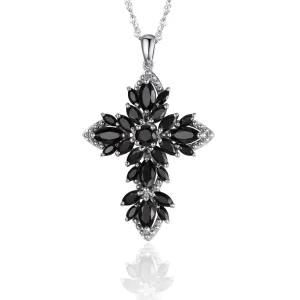 Marquise-cut Natural Black Spinel Spiky Cross Necklace