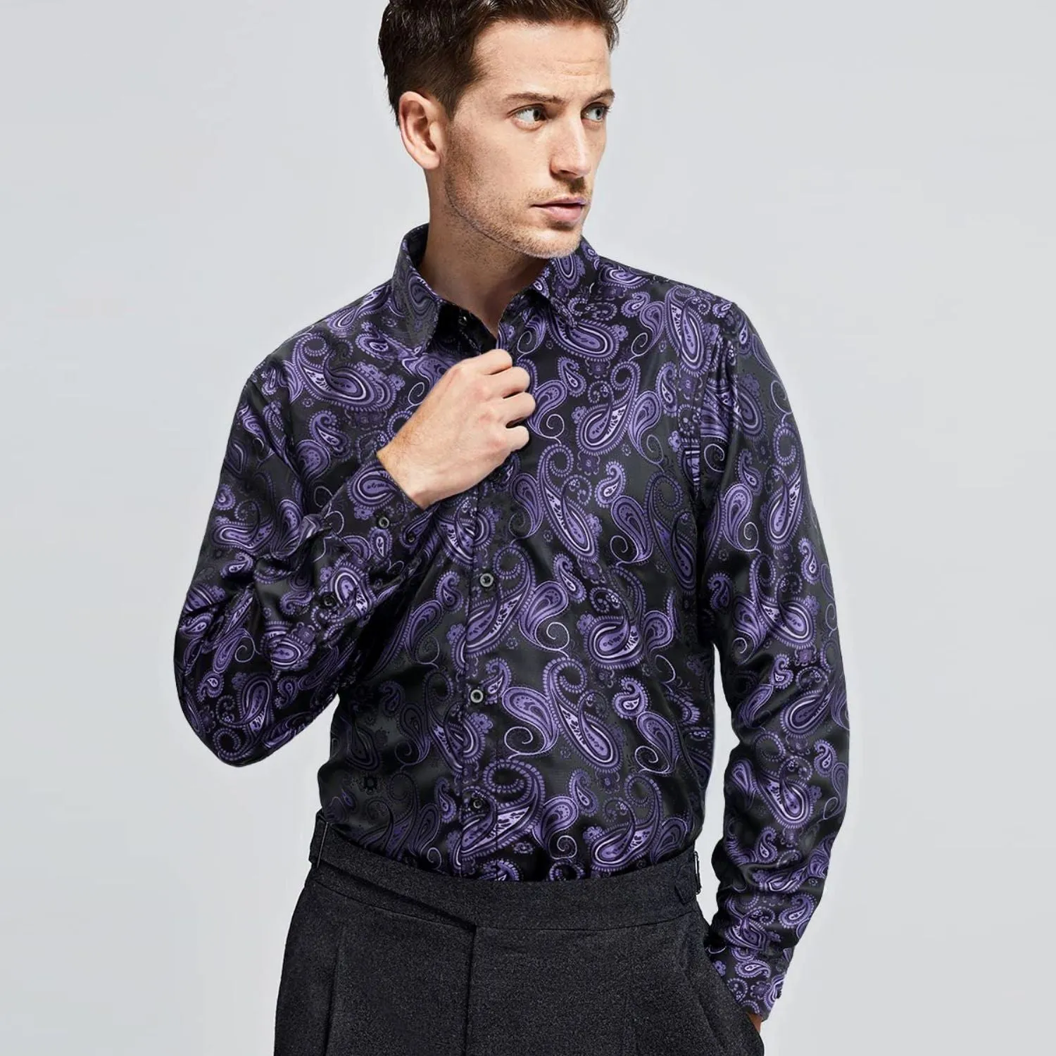 Men's Long Sleeve Shiny Shirt With Printing - PURPLE