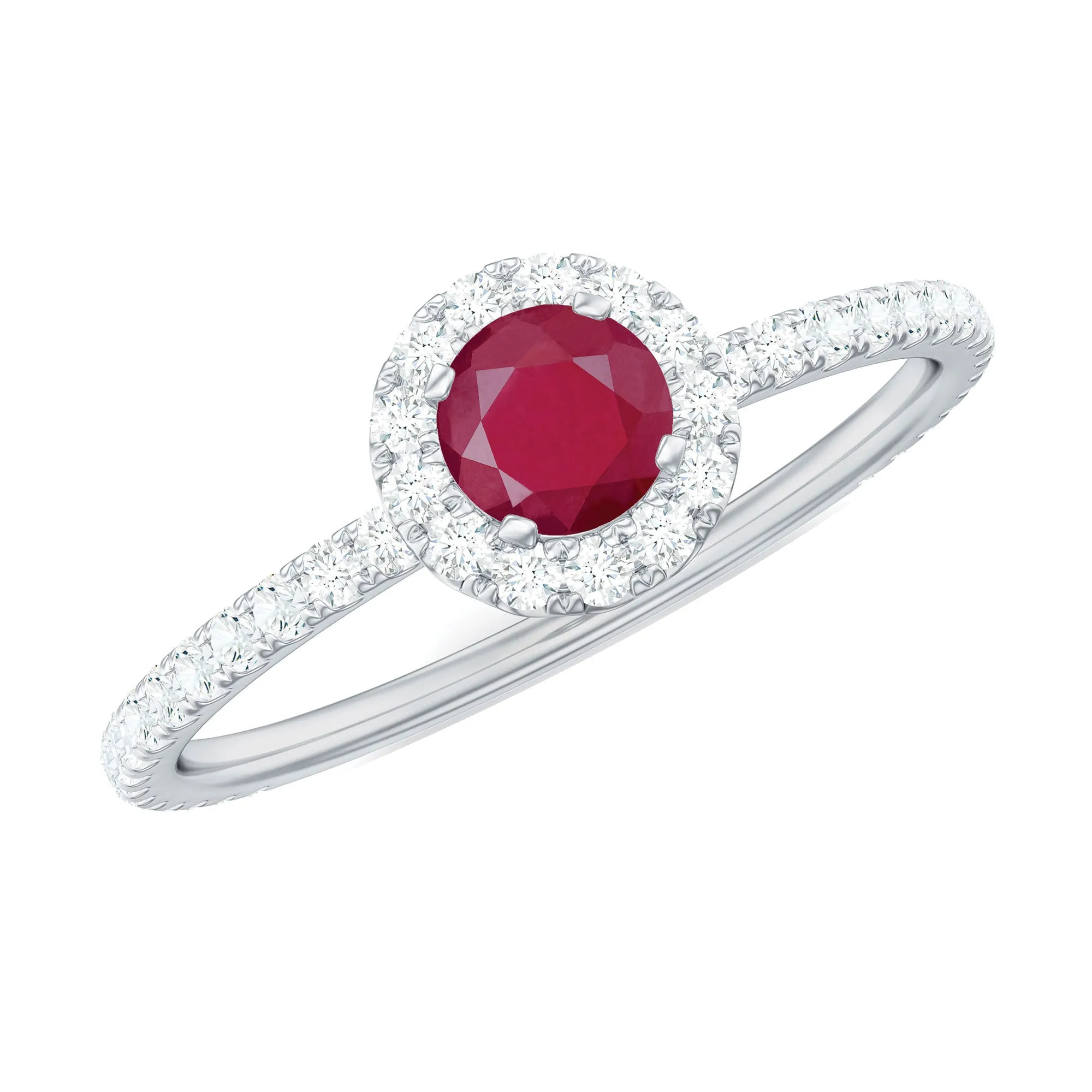 Minimal Ruby Engagement Ring with Diamond Halo