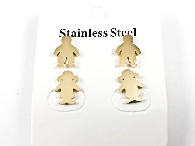 Modern Boy & Girl Pair Shiny Metallic Gold Tone Steel Earrings