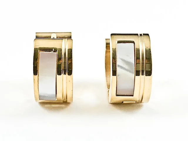 Modern Dainty Shiny Metallic Rectangular Mother Of Pearl Gold Tone Huggie Steel Earrings