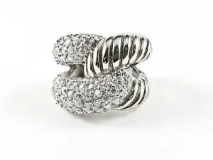 Modern Thick Crossover Design CZ & Shiny Metallic Steel Ring