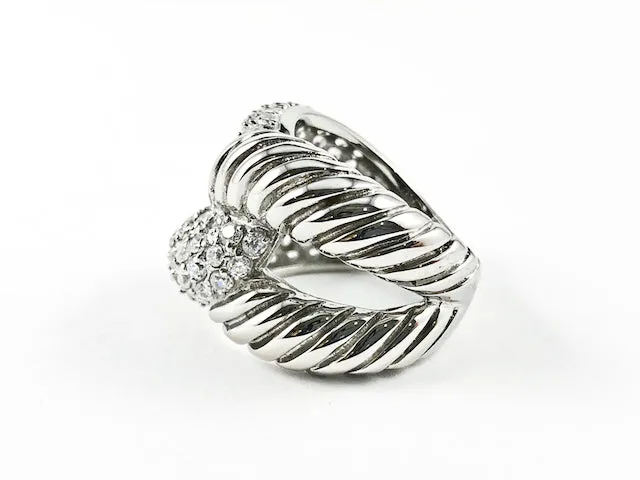 Modern Thick Crossover Design CZ & Shiny Metallic Steel Ring