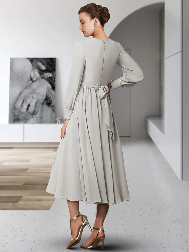 Mother of the Bride Dress Simple Elegant Jewel Neck Tea Length Chiffon Long Sleeve with Sash  Ribbon Buttons Pleats