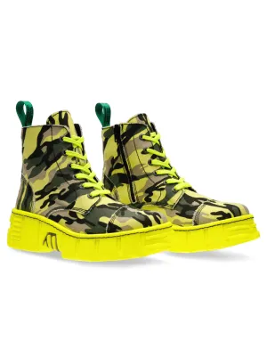 NEW ROCK Trendy Camo Ankle Boots with Bold Yellow Sole