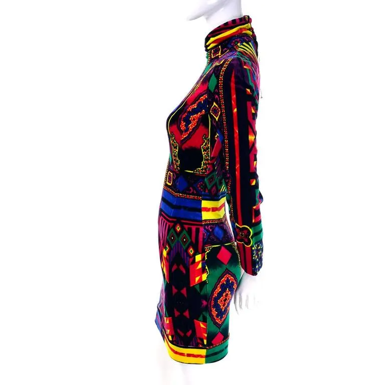 NWT 1990s Gianni Versace Vintage Dress in Bold Abstract Pattern Velvet Size 2