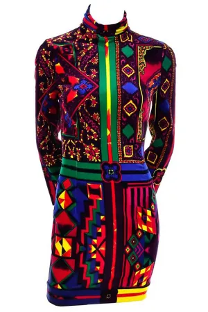 NWT 1990s Gianni Versace Vintage Dress in Bold Abstract Pattern Velvet Size 2