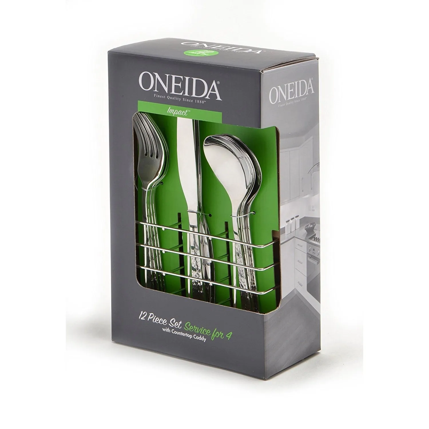 Oneida Impact 12-Piece Casual Flatware Set with Countertop Caddy, Service for 4