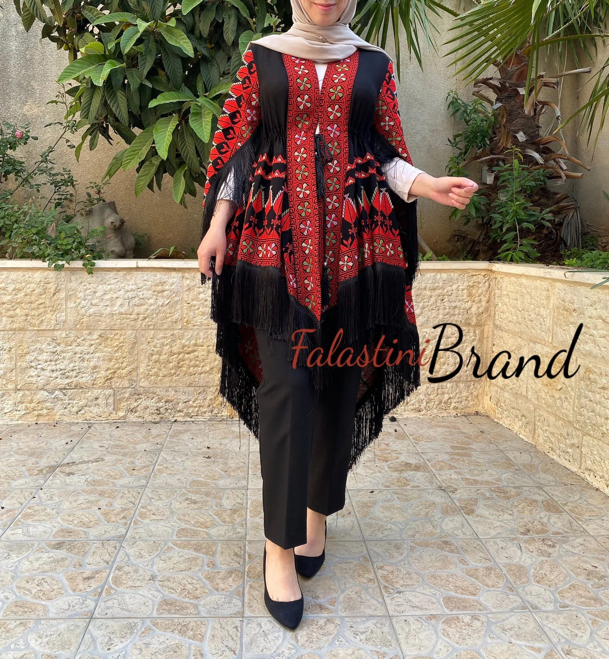 Palestinian Black And Red Embroidered Shawl Blouse Long Version